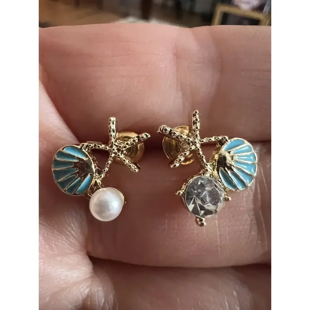 Anthropologie Seashell Starfish Earrings Mismatch Blue Gold Pearl CZ Mermaidcore